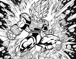 Dragonball-style colouring book page featuring Vegeta in battle armor amidst explosive energy blasts and flying debris.