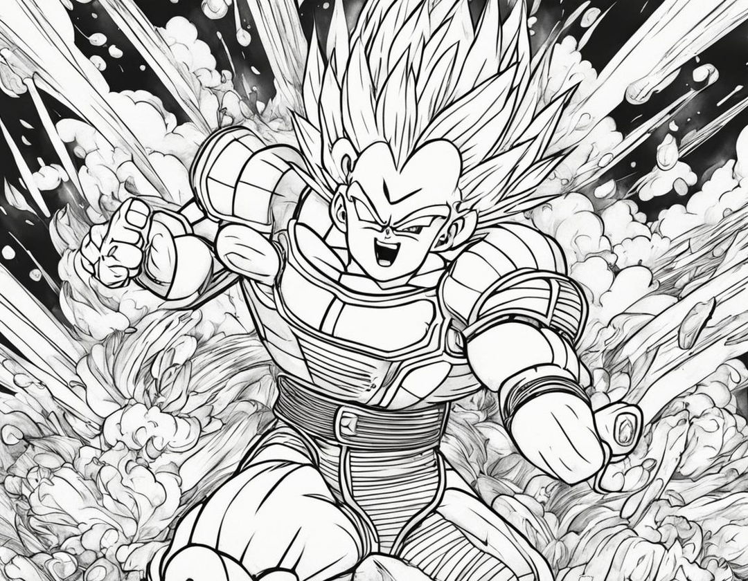 Dragonball-style colouring book page featuring Vegeta in battle armor amidst explosive energy blasts and flying debris.