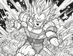 Dragonball-style colouring book page featuring Vegeta in battle armor amidst explosive energy blasts and flying debris.