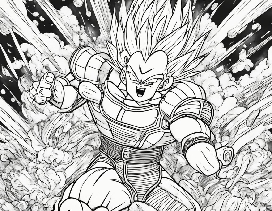 Dragonball-style colouring book page featuring Vegeta in battle armor amidst explosive energy blasts and flying debris.