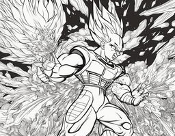 Dragonball-style colouring book page featuring Vegeta in battle armor amidst explosive energy blasts and flying debris.