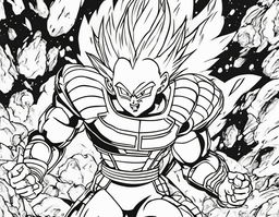 Dragonball-style colouring book page featuring Vegeta in battle armor amidst explosive energy blasts and flying debris.