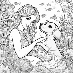 Colouring book page featuring Barbie as a mermaid and a playful puppy in an underwater scene.