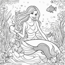 Colouring book page featuring Barbie as a mermaid and a playful puppy in an underwater scene.