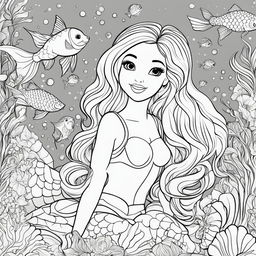 Colouring book page featuring Barbie as a mermaid and a playful puppy in an underwater scene.