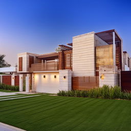 Exterior design of a modern 3 marla house with luxurious landscaping and elegant architecture.