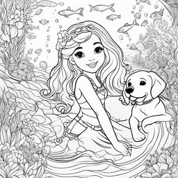 Colouring book page featuring Barbie as a mermaid and a playful puppy in an underwater scene.