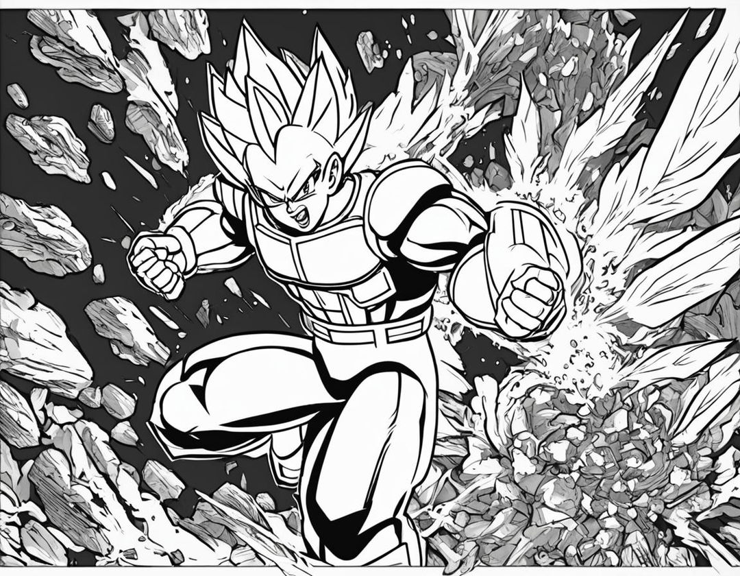 Colouring book page featuring Vegeta in battle armor amidst explosive energy blasts and flying debris.