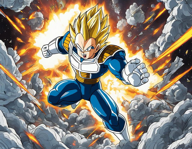 Colouring book page featuring Vegeta in battle armor amidst explosive energy blasts and flying debris.