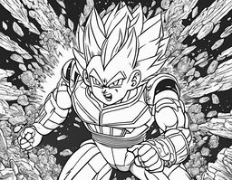 Colouring book page featuring Vegeta in battle armor amidst explosive energy blasts and flying debris.