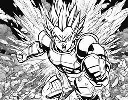 Colouring book page featuring Vegeta in battle armor amidst explosive energy blasts and flying debris.