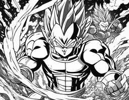 Colouring book page featuring Vegeta in battle armor with crossed arms amidst swirling energy blasts and flying debris.