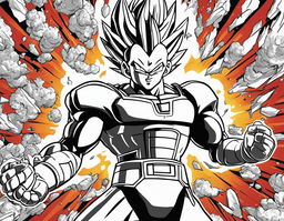 Colouring book page featuring Vegeta in battle armor with crossed arms amidst swirling energy blasts and flying debris.