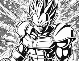 Colouring book page featuring Vegeta in battle armor with crossed arms amidst swirling energy blasts and flying debris.