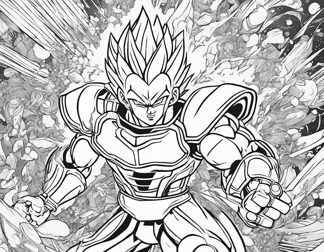 Colouring book page featuring Vegeta in battle armor with crossed arms amidst swirling energy blasts and flying debris.