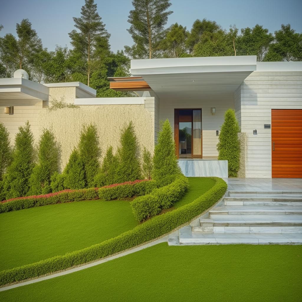 Exterior design of a modern 3 marla house with luxurious landscaping and elegant architecture.