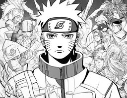 Naruto-themed colouring page featuring a detailed portrait of Naruto Uzumaki in his signature outfit, with elements from the series in the background