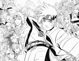 Naruto-themed colouring page featuring a detailed portrait of Naruto Uzumaki in his signature outfit, with elements from the series in the background