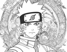 Naruto-themed colouring page featuring a detailed portrait of Naruto Uzumaki in his signature outfit, with elements from the series in the background