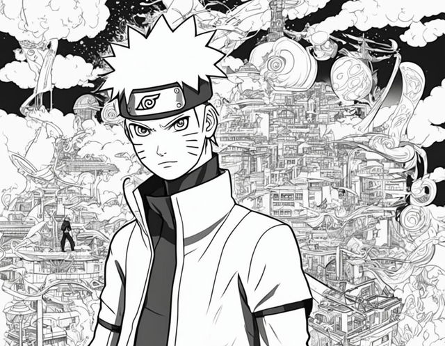 Naruto-themed colouring page featuring a detailed portrait of Naruto Uzumaki in his signature outfit, with elements from the series in the background