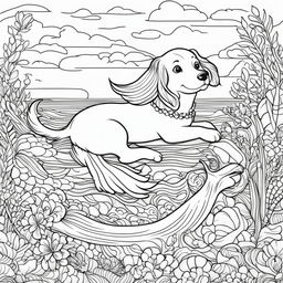 Colouring book page featuring a puppy mermaid swimming in the sea.