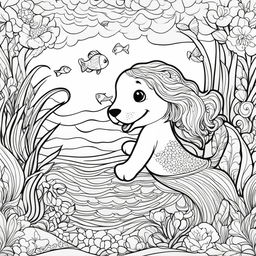 Colouring book page featuring a puppy mermaid swimming in the sea.