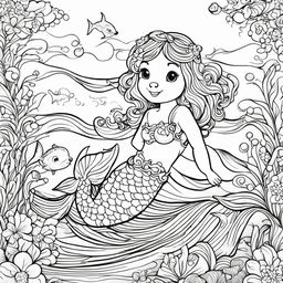 Colouring book page featuring a puppy mermaid swimming in the sea.