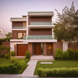 Exterior design of a modern 3 marla house with luxurious landscaping and elegant architecture.