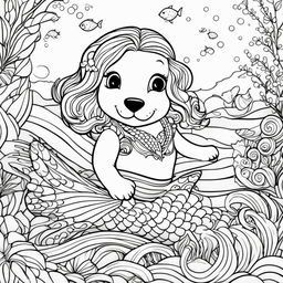 Colouring book page featuring a puppy mermaid swimming in the sea.