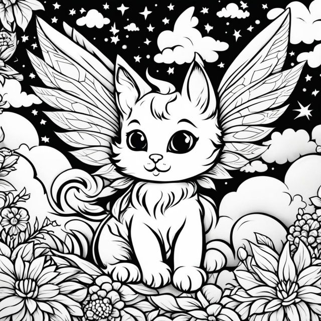 Colouring book page featuring a fairy kitten flying in the sky.