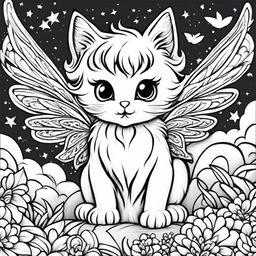 Colouring book page featuring a fairy kitten flying in the sky.