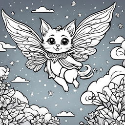 Colouring book page featuring a fairy kitten flying in the sky.