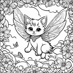 Colouring book page featuring a fairy kitten flying in the sky.