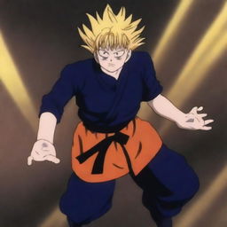 Depict Goku from Dragonball in the stylistic aesthtic of Jujutsu Kaisen, reimagining him as a character in the series.