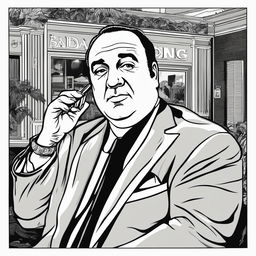 Tony Soprano from 'The Sopranos' in a detailed colouring book page style, featuring him in his usual attire with a cigar in hand and the Bada Bing Club in the background