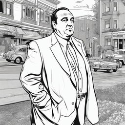 Tony Soprano from 'The Sopranos' in a detailed colouring book page style, featuring him in his usual attire with a cigar in hand and the Bada Bing Club in the background