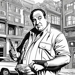 Tony Soprano from 'The Sopranos' in a detailed colouring book page style, featuring him in his usual attire with a cigar in hand and the Bada Bing Club in the background