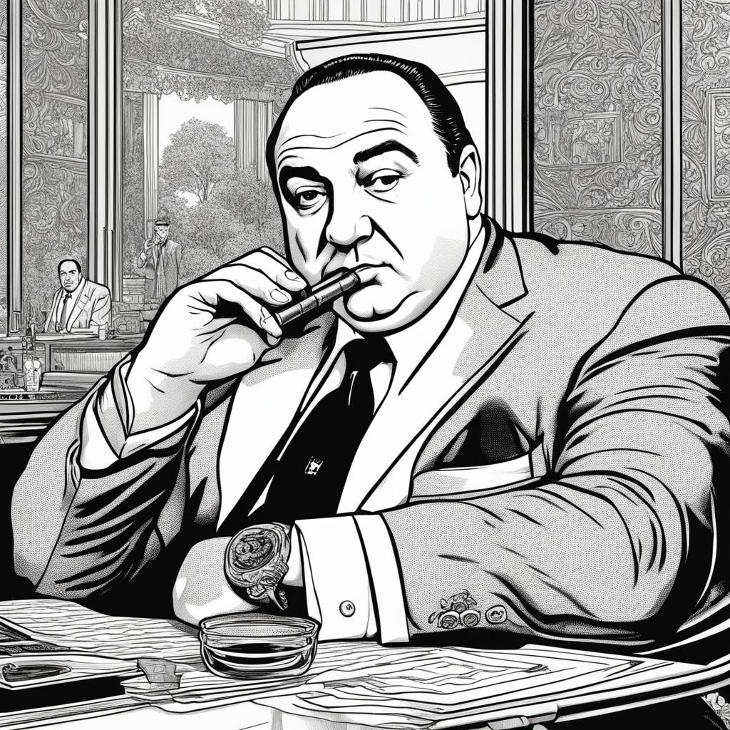 Tony Soprano from 'The Sopranos' in a detailed colouring book page style, featuring him in his usual attire with a cigar in hand and the Bada Bing Club in the background