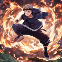 Ash Ketchum reimagined as a Jujutsu Kaisen character in an epic digital art image.