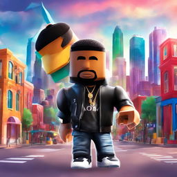 Digital art of rapper Drake as a stylish Roblox character against a vibrant cityscape background.