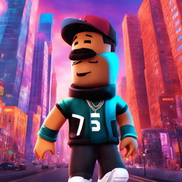 Digital art of rapper Drake as a stylish Roblox character against a vibrant cityscape background.