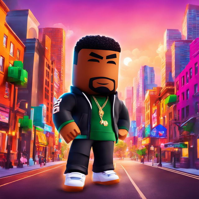 Digital art of rapper Drake as a stylish Roblox character against a vibrant cityscape background.