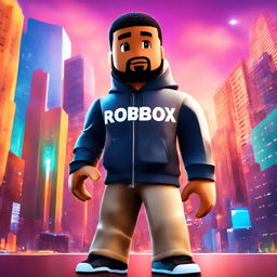 Digital art of rapper Drake as a stylish Roblox character against a vibrant cityscape background.