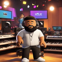 DJ Khaled as a Roblox character in a music studio setting.