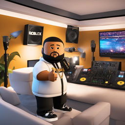 DJ Khaled as a Roblox character in a music studio setting.