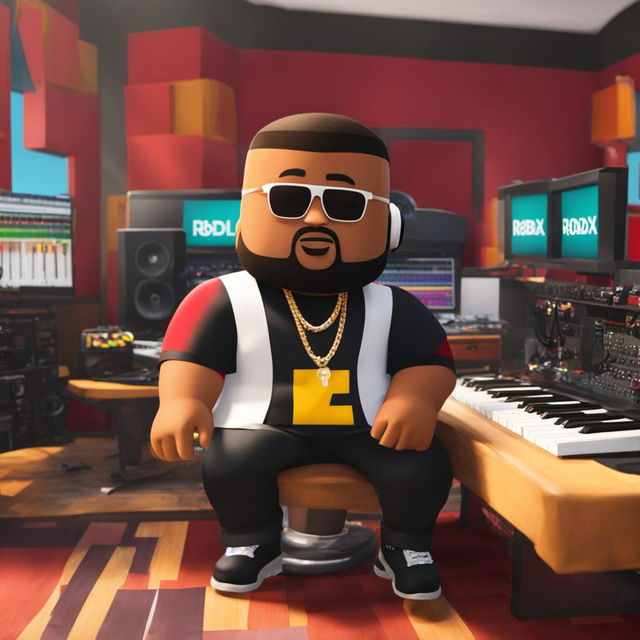 DJ Khaled as a Roblox character in a music studio setting.