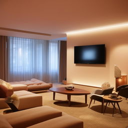 A spacious living room with no windows, illuminated with soft artificial lighting. It features comfortable modern furniture, a large television mounted on the wall, and tasteful interior decor.