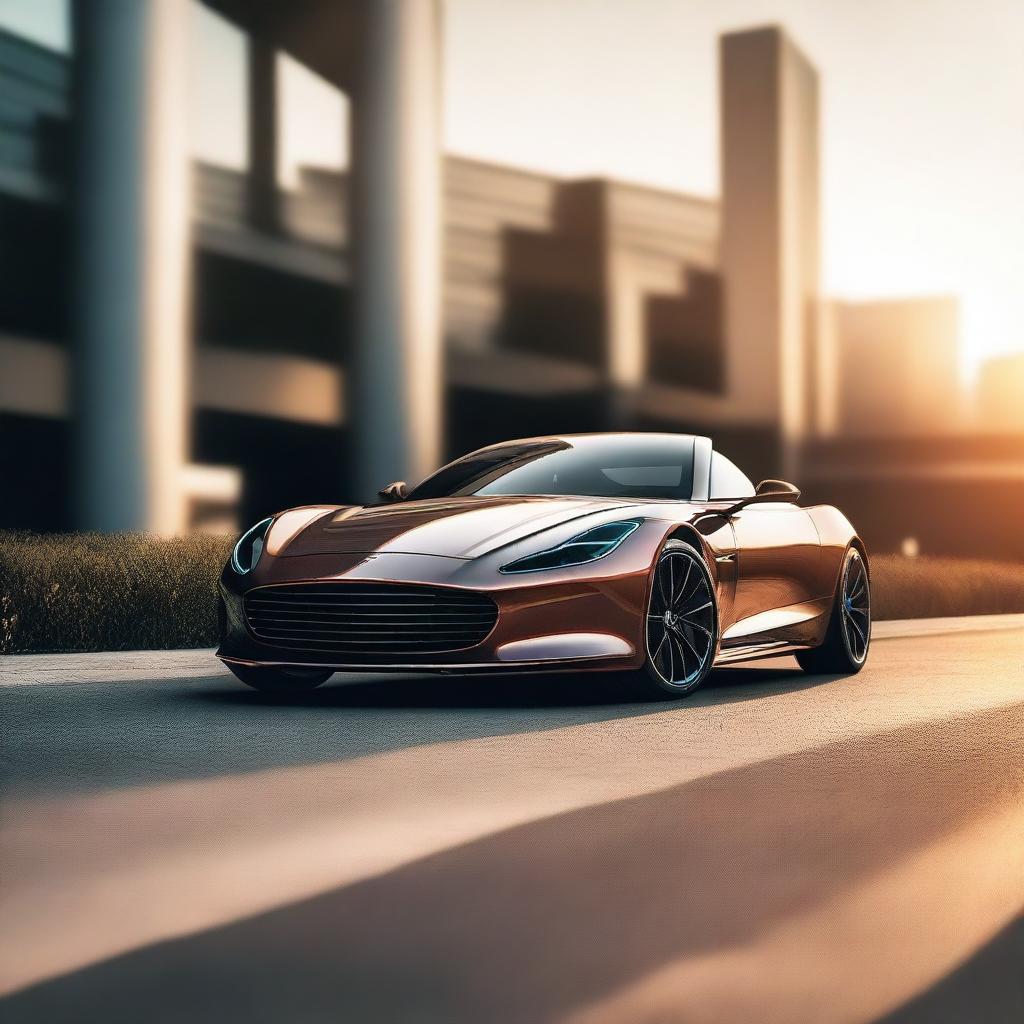 Generate an image of a sleek, modern sports car shining under the setting sun.