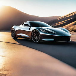 Generate an image of a sleek, modern sports car shining under the setting sun.