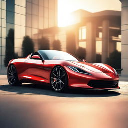 Generate an image of a sleek, modern sports car shining under the setting sun.